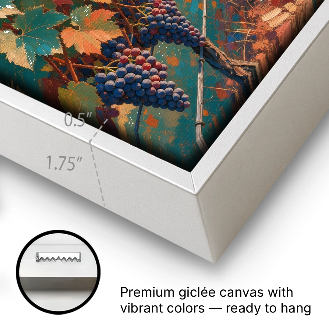 Vineyard Painting at Harvest Sundown - White Framed Canvas Wall Art - Gallery Wrap Corner