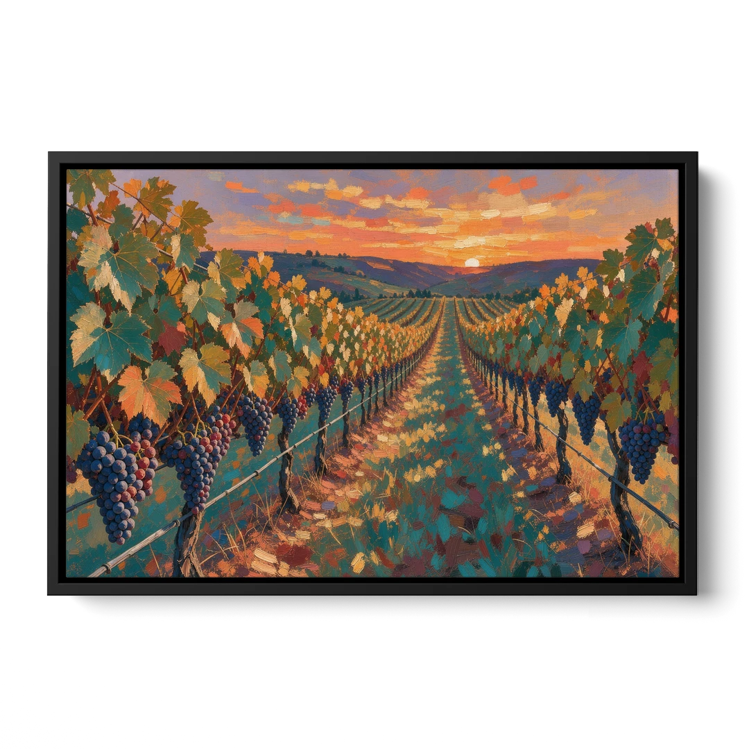 Vineyard Painting at Harvest Sundown - Black Framed Canvas Wall Art - Front