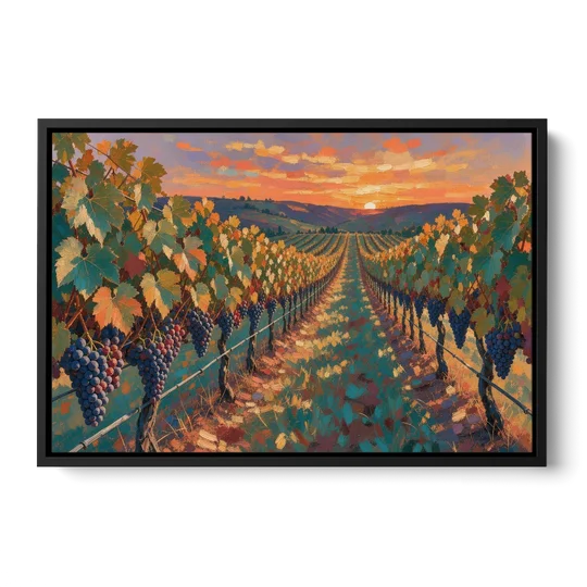 Vineyard Painting at Harvest Sundown - Black Framed Canvas Wall Art - Front