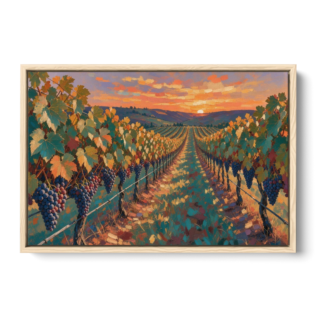 Vineyard Painting at Harvest Sundown - Oak Framed Canvas Wall Art - Front