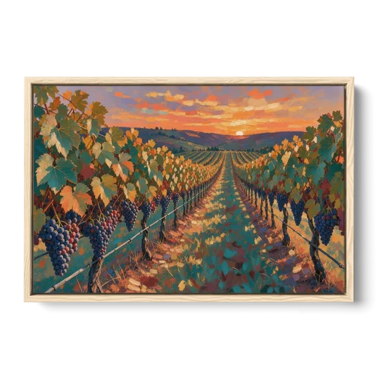 Vineyard Painting at Harvest Sundown - Oak Framed Canvas Wall Art - Front