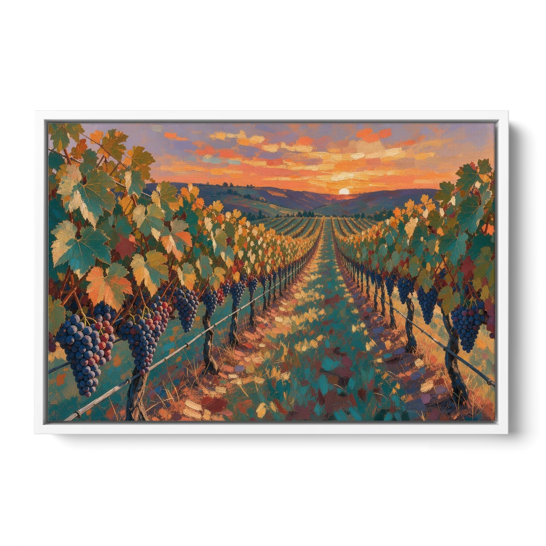 Vineyard Painting at Harvest Sundown - White Framed Canvas Wall Art - Front