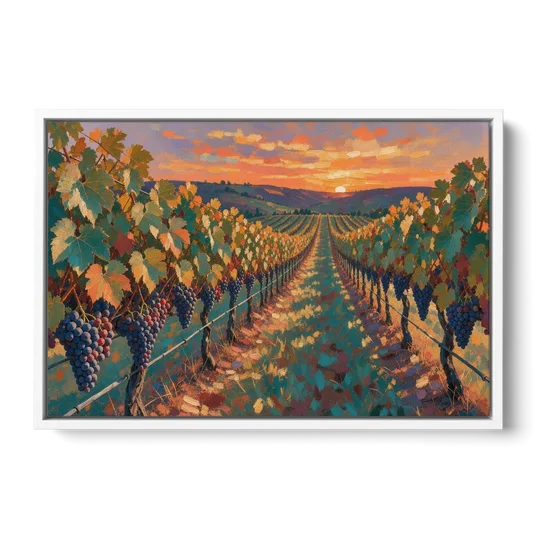 Vineyard Painting at Harvest Sundown - White Framed Canvas Wall Art - Front