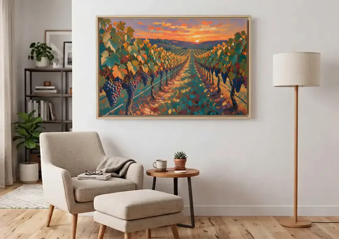 Vineyard Painting at Harvest Sundown canvas wall art above an armchair in a bright living room