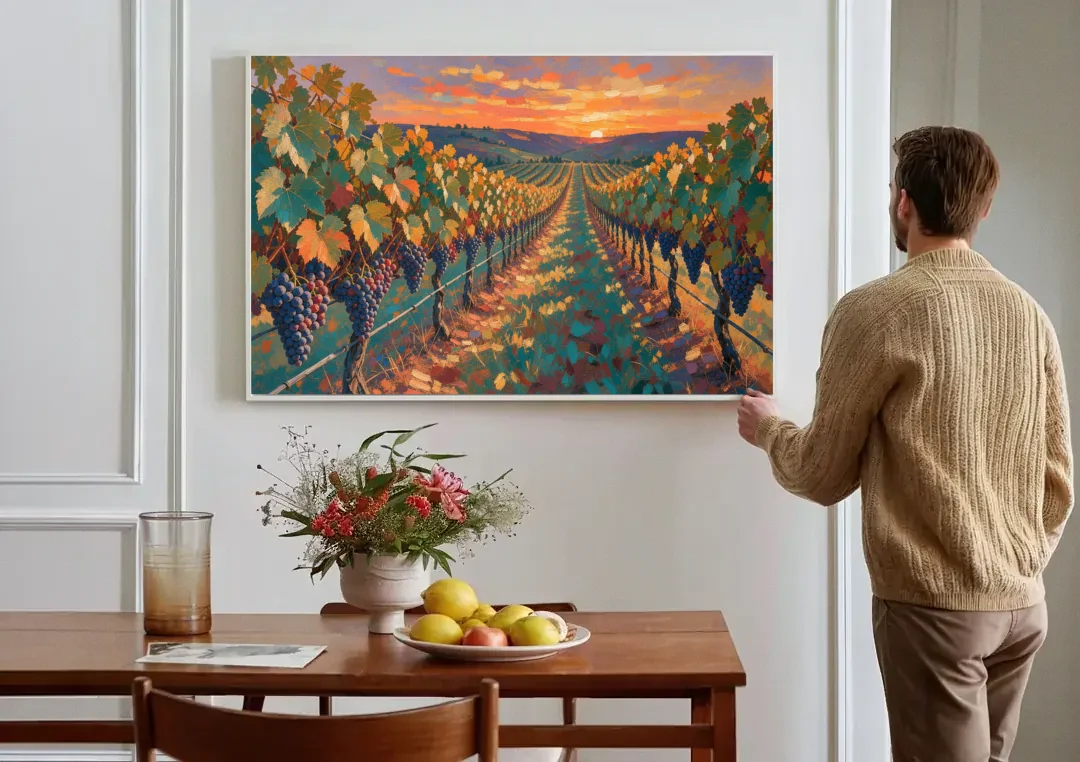 Vineyard Painting at Harvest Sundown canvas wall art above a dining table