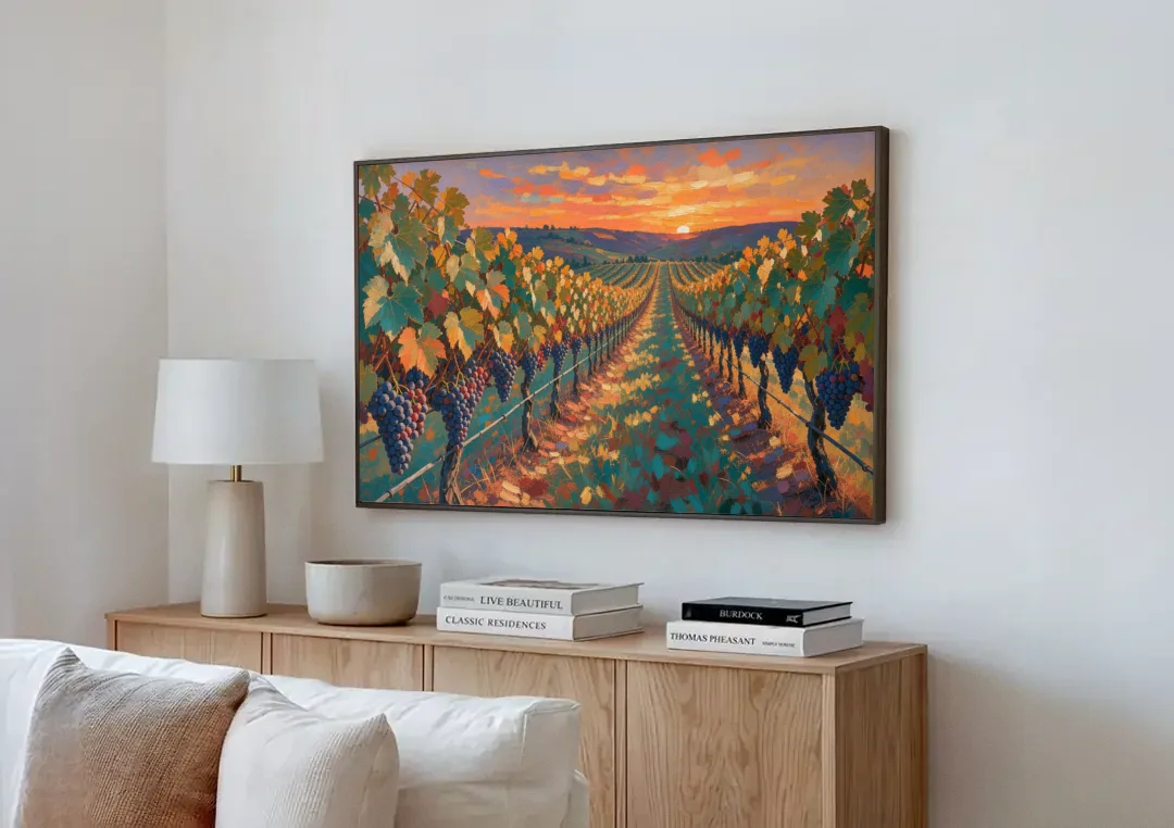 Vineyard Painting at Harvest Sundown canvas wall art above a wooden sideboard next to a sofa