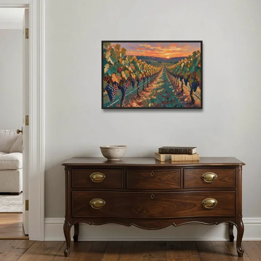 Vineyard Painting at Harvest Sundown - Black Framed Canvas Wall Art - Coffee Table - 36x24