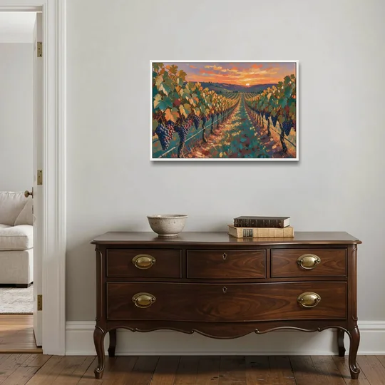 Vineyard Painting at Harvest Sundown - White Framed Canvas Wall Art - Coffee Table - 36x24