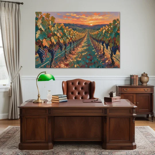 Vineyard Painting at Harvest Sundown - Canvas Wall Art - Office - 60x40