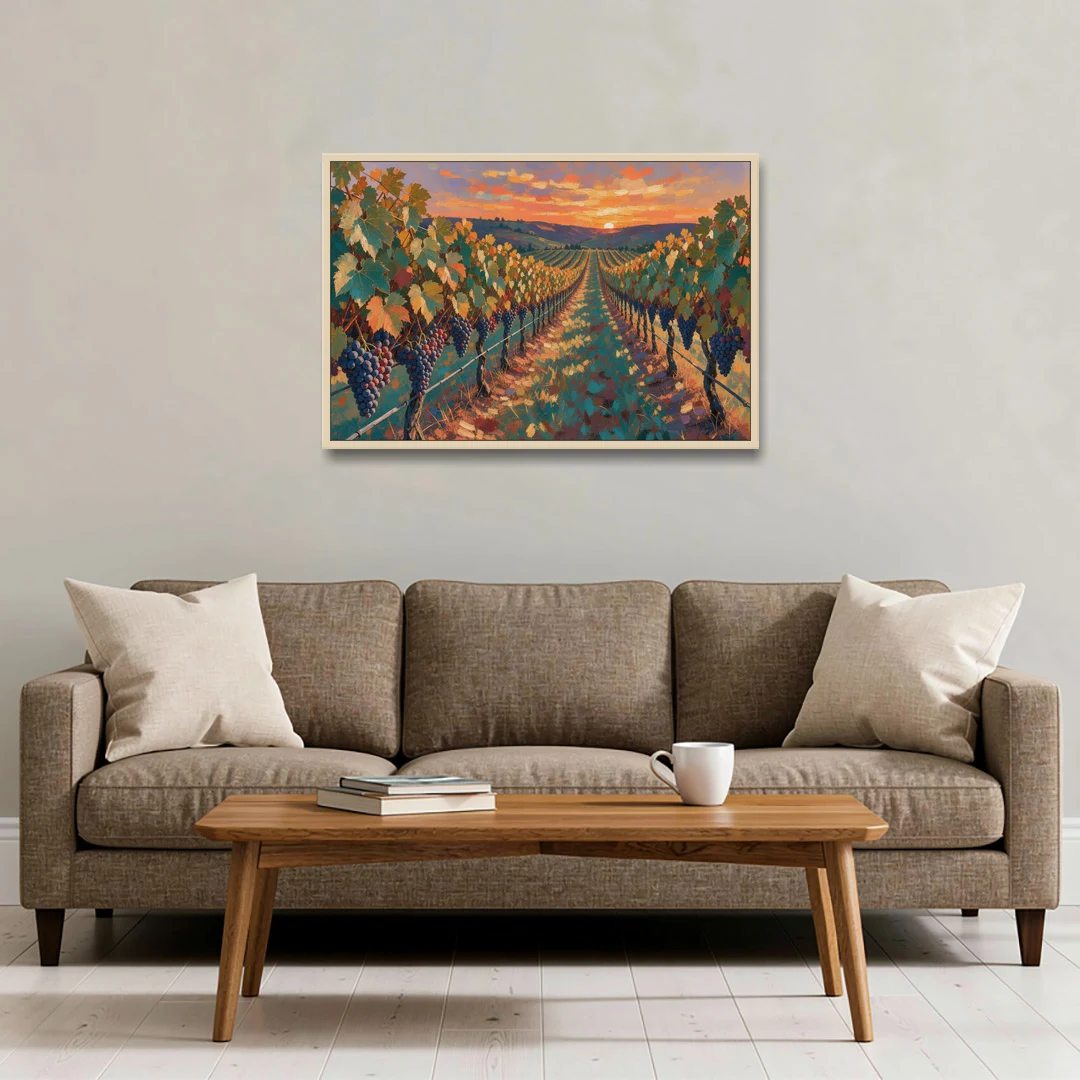 Vineyard Painting at Harvest Sundown - Oak Framed Canvas Wall Art - Sofa - 36x24