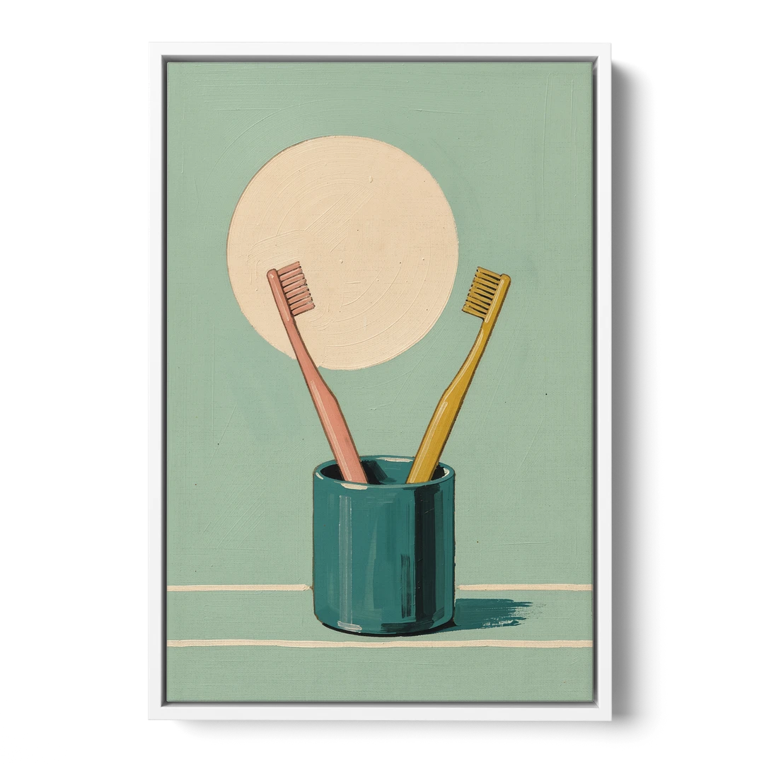 Vintage Bathroom Wall Art of Two Toothbrushes - White Framed Canvas Wall Art - Front