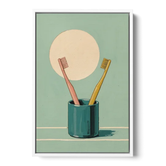 Vintage Bathroom Wall Art of Two Toothbrushes - White Framed Canvas Wall Art - Front