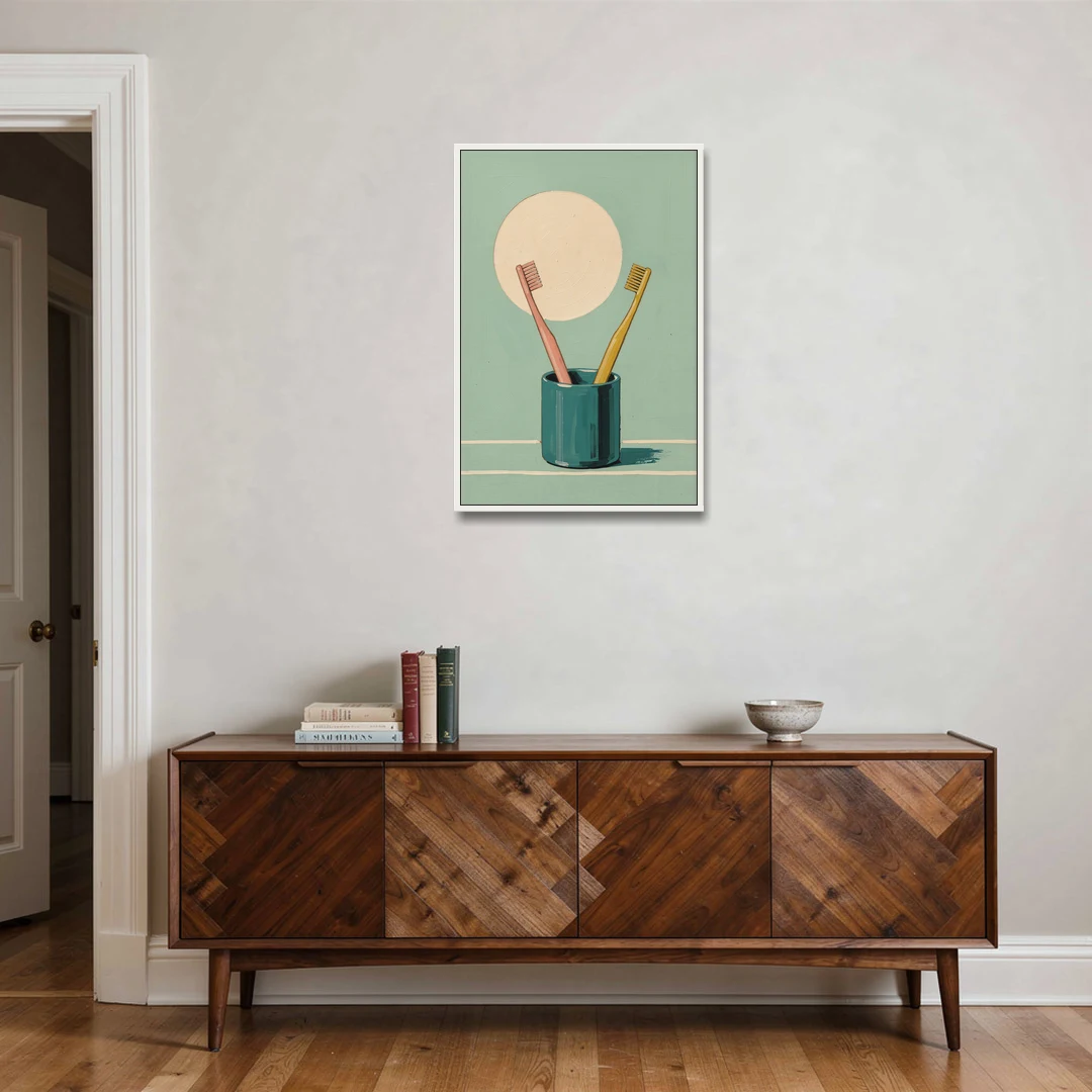 Vintage Bathroom Wall Art of Two Toothbrushes - White Framed Canvas Wall Art - Coffee Table - 24x36