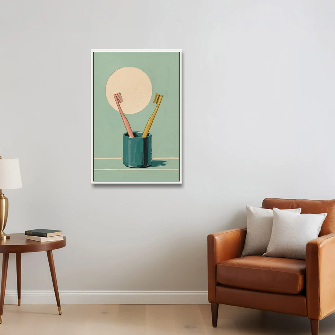 Vintage Bathroom Wall Art of Two Toothbrushes - White Framed Canvas Wall Art - Sofa - 24x36