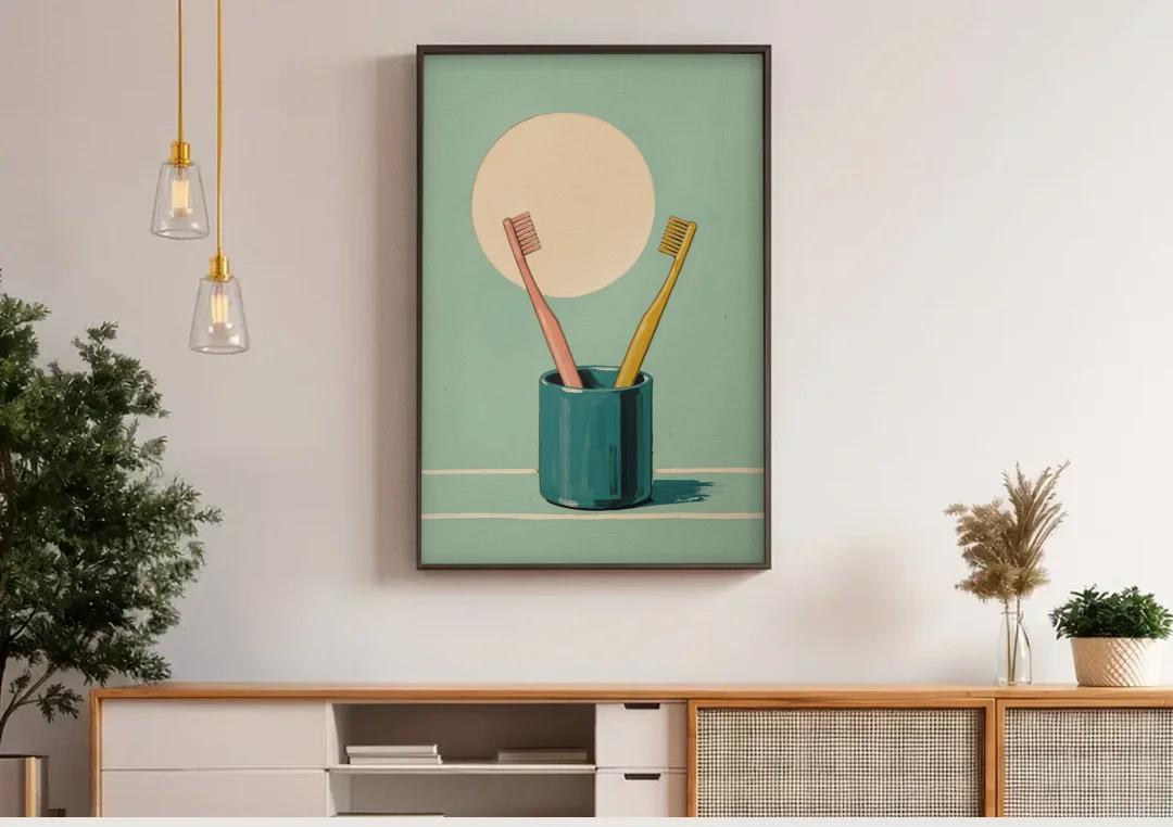 Vintage Bathroom Wall Art of Two Toothbrushes canvas wall art above a wooden sideboard under pendant lights