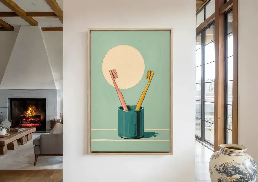 Vintage Bathroom Wall Art of Two Toothbrushes canvas wall art in a living room with a fireplace