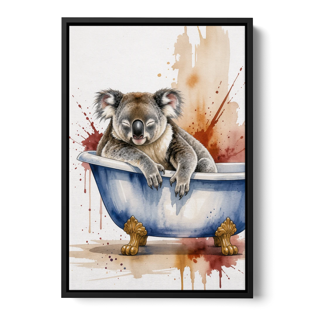 Vintage Bathtub Wall Art with a Sleeping Koala - Black Framed Canvas Wall Art - Front