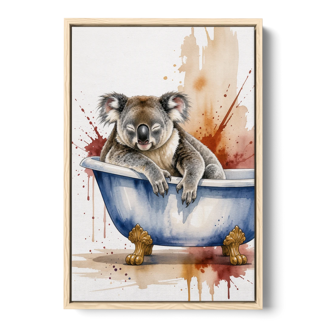 Vintage Bathtub Wall Art with a Sleeping Koala - Oak Framed Canvas Wall Art - Front