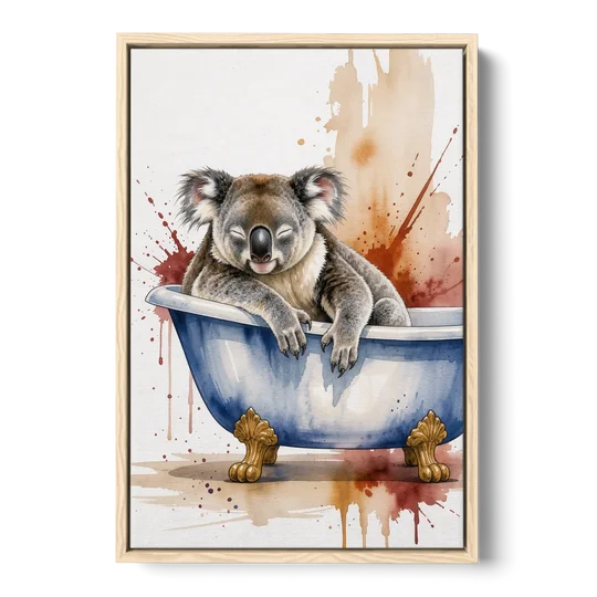 Vintage Bathtub Wall Art with a Sleeping Koala - Oak Framed Canvas Wall Art - Front