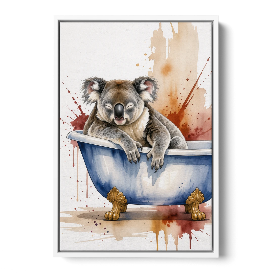 Vintage Bathtub Wall Art with a Sleeping Koala - White Framed Canvas Wall Art - Front
