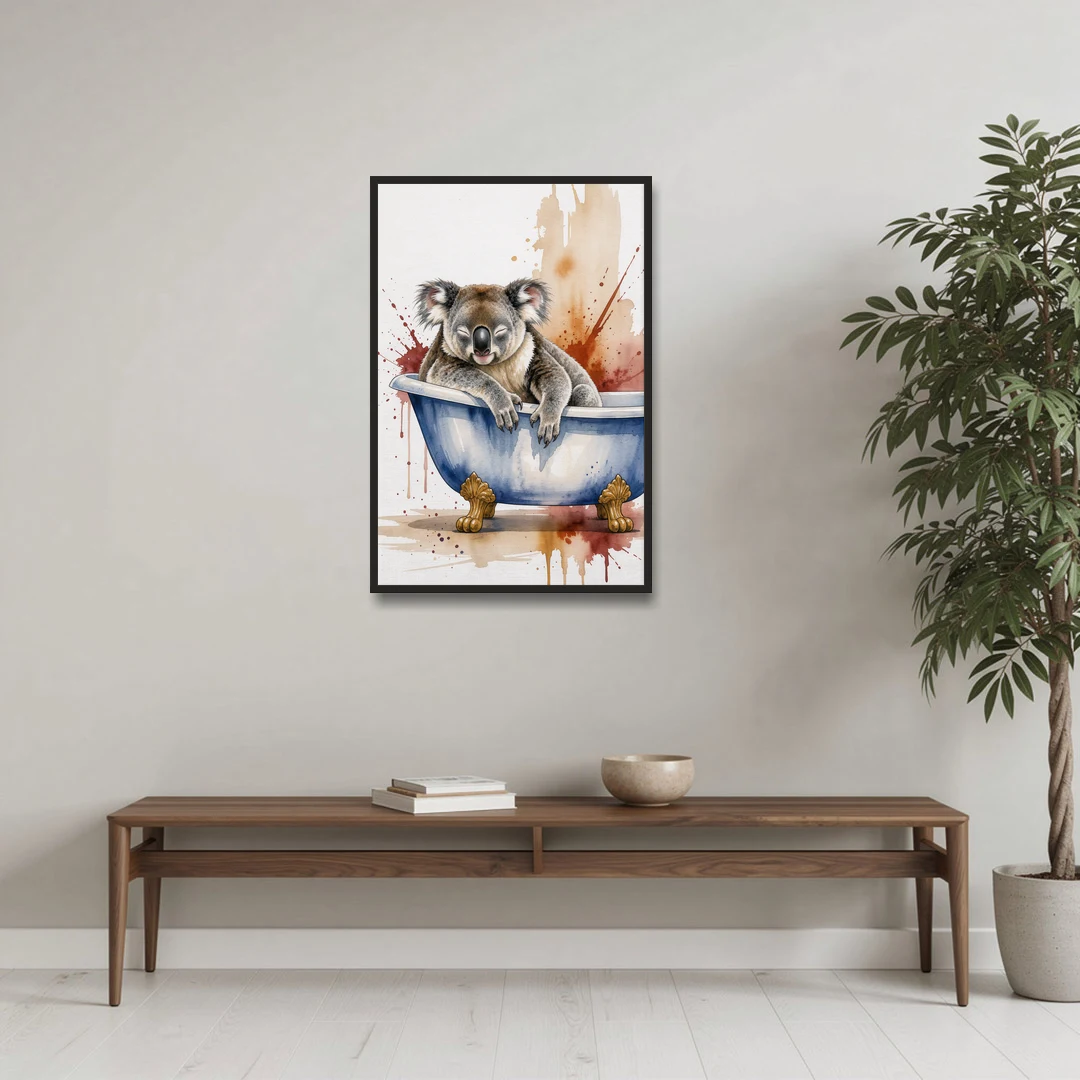 Vintage Bathtub Wall Art with a Sleeping Koala - Black Framed Canvas Wall Art - Coffee Table - 24x36