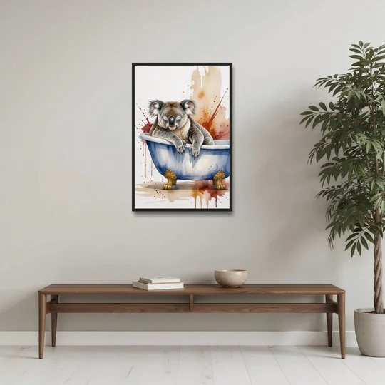 Vintage Bathtub Wall Art with a Sleeping Koala - Black Framed Canvas Wall Art - Coffee Table - 24x36
