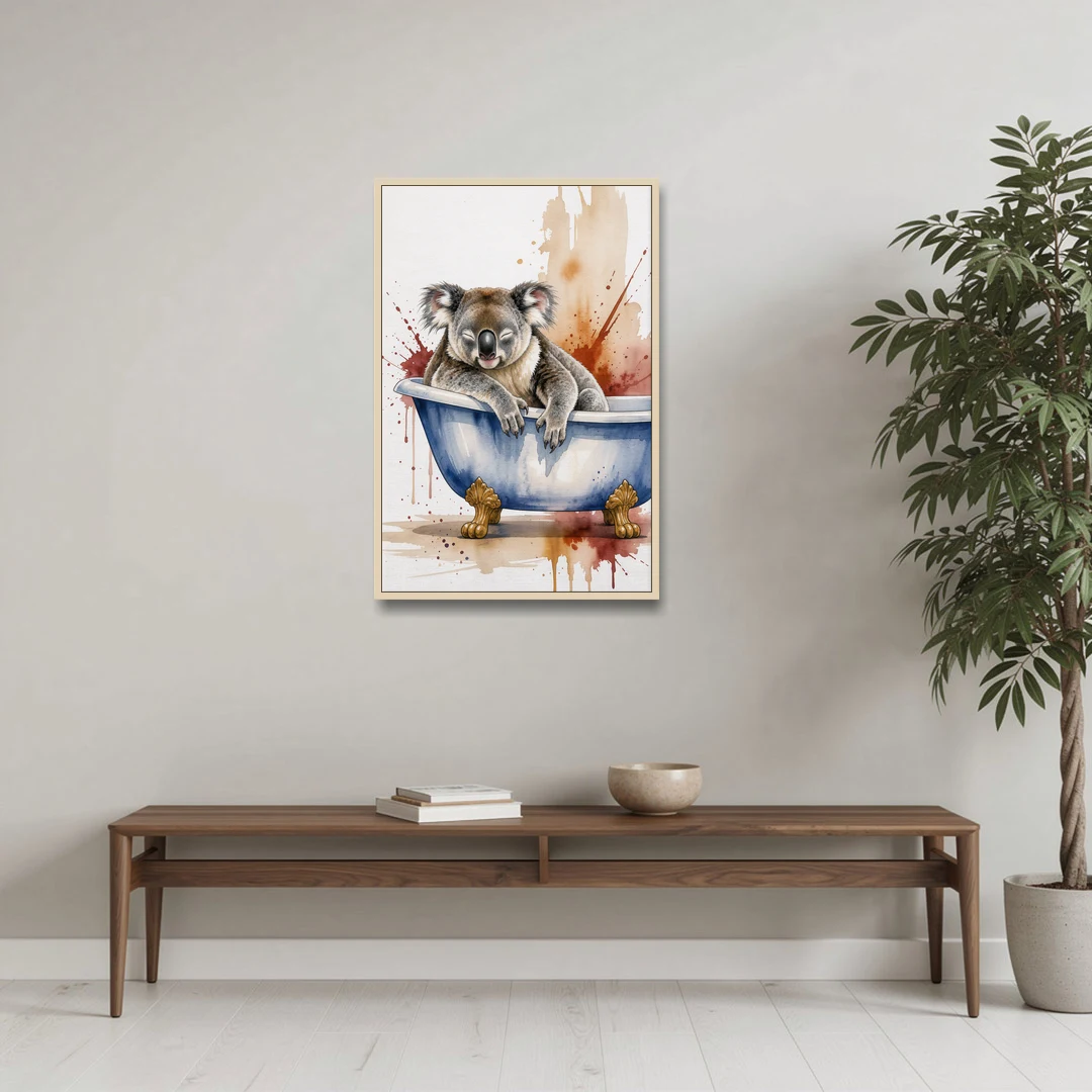 Vintage Bathtub Wall Art with a Sleeping Koala - Oak Framed Canvas Wall Art - Coffee Table - 24x36