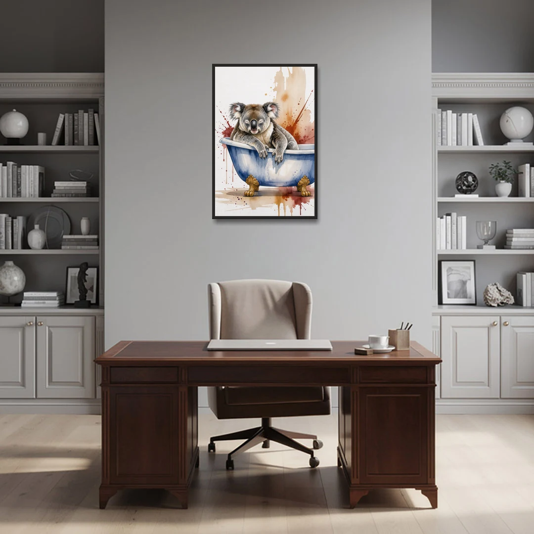 Vintage Bathtub Wall Art with a Sleeping Koala - Black Framed Canvas Wall Art - Office - 24x36