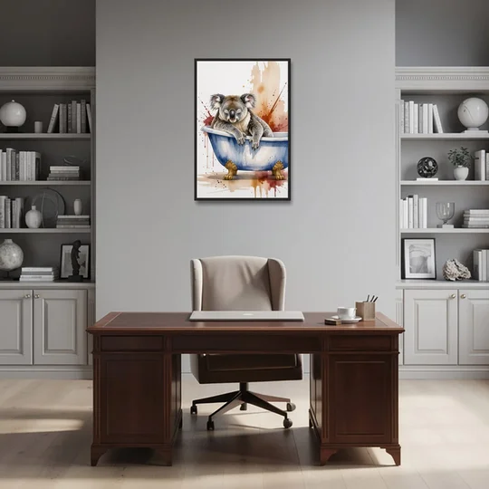 Vintage Bathtub Wall Art with a Sleeping Koala - Black Framed Canvas Wall Art - Office - 24x36