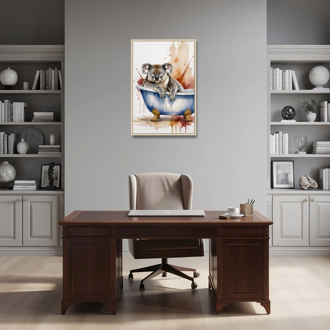 Vintage Bathtub Wall Art with a Sleeping Koala - Oak Framed Canvas Wall Art - Office - 24x36