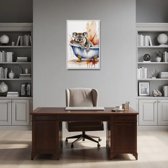 Vintage Bathtub Wall Art with a Sleeping Koala - White Framed Canvas Wall Art - Office - 24x36