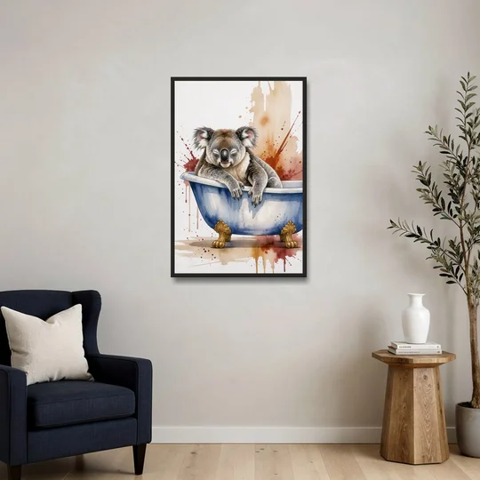 Vintage Bathtub Wall Art with a Sleeping Koala - Black Framed Canvas Wall Art - Sofa - 24x36