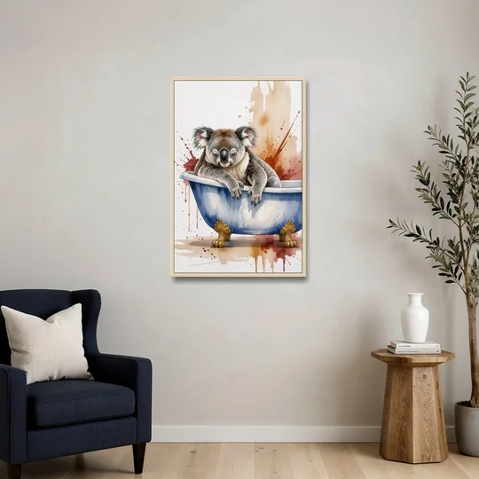Vintage Bathtub Wall Art with a Sleeping Koala - Oak Framed Canvas Wall Art - Sofa - 24x36