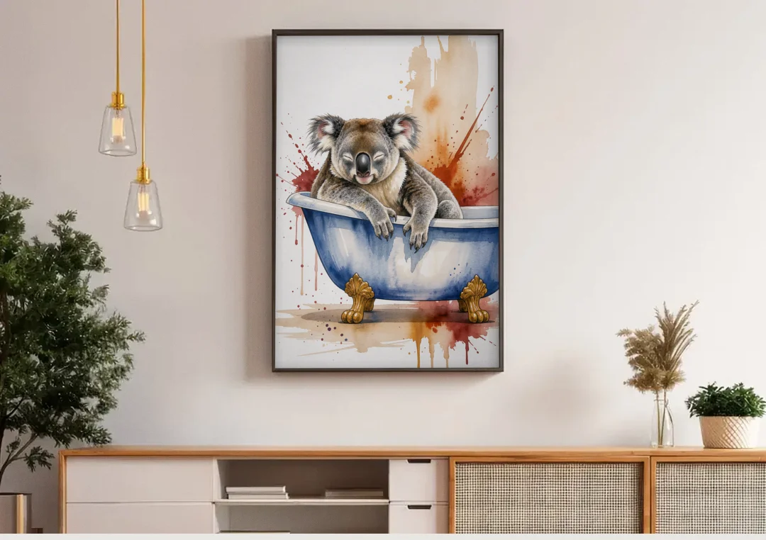 Vintage Bathtub Wall Art with a Sleeping Koala canvas wall art above a wooden sideboard under pendant lights