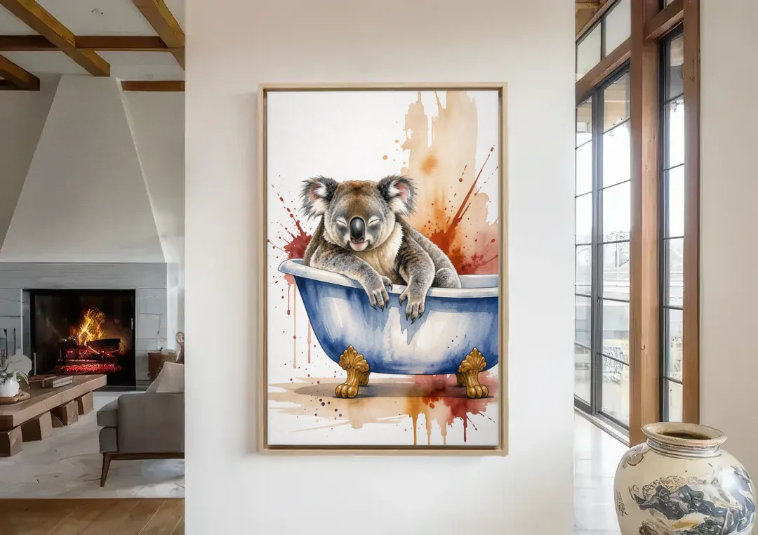 Vintage Bathtub Wall Art with a Sleeping Koala canvas wall art in a living room with a fireplace