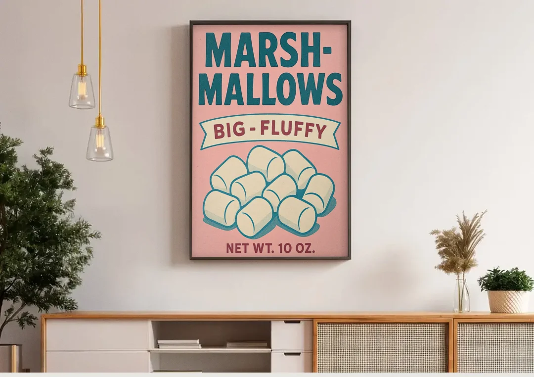 Vintage Big Fluffy Marshmallow canvas wall art above a wooden sideboard under pendant lights