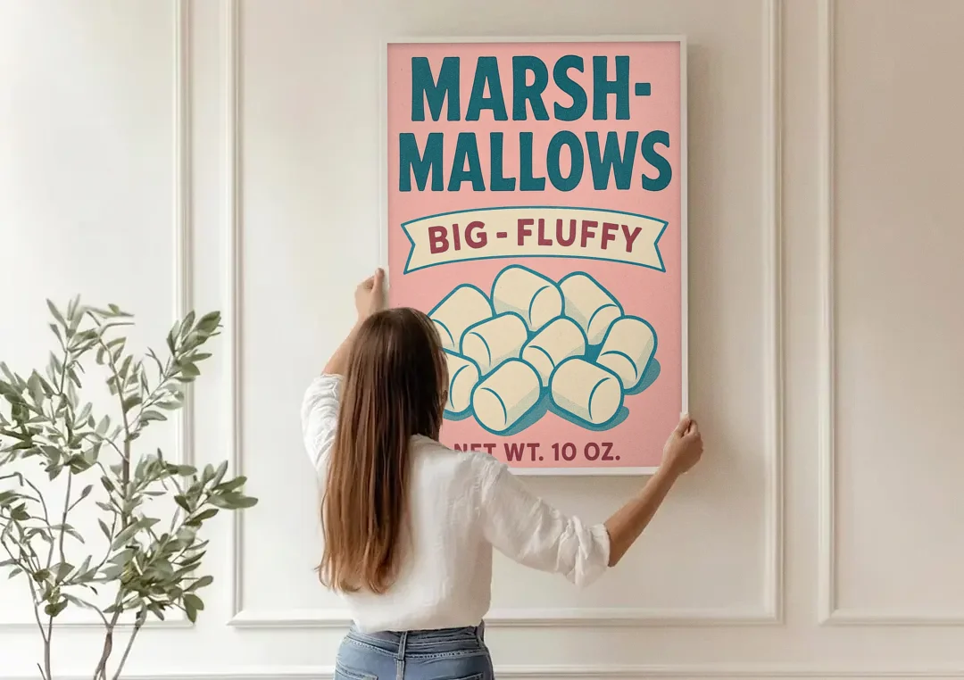 Vintage Big Fluffy Marshmallow canvas wall art being hung on a paneled wall