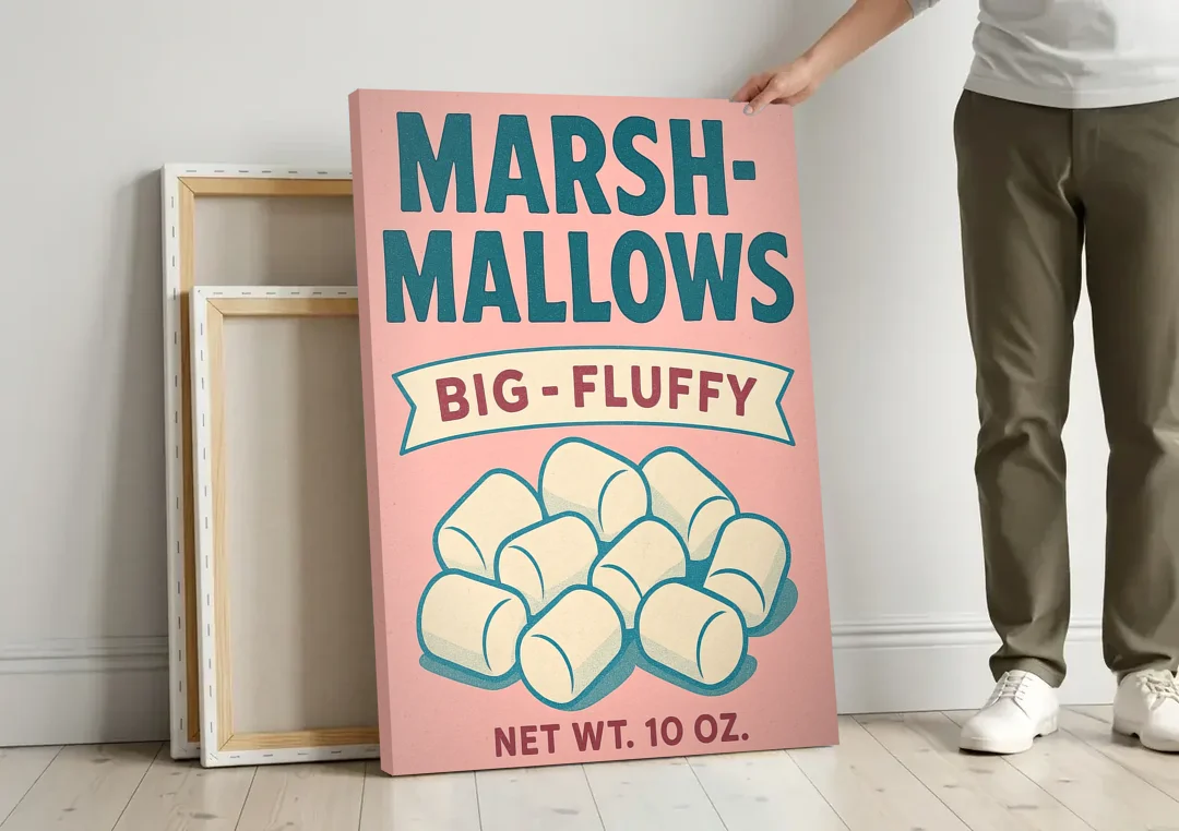 Vintage Big Fluffy Marshmallow canvas wall art leaning against a wall next to blank canvases