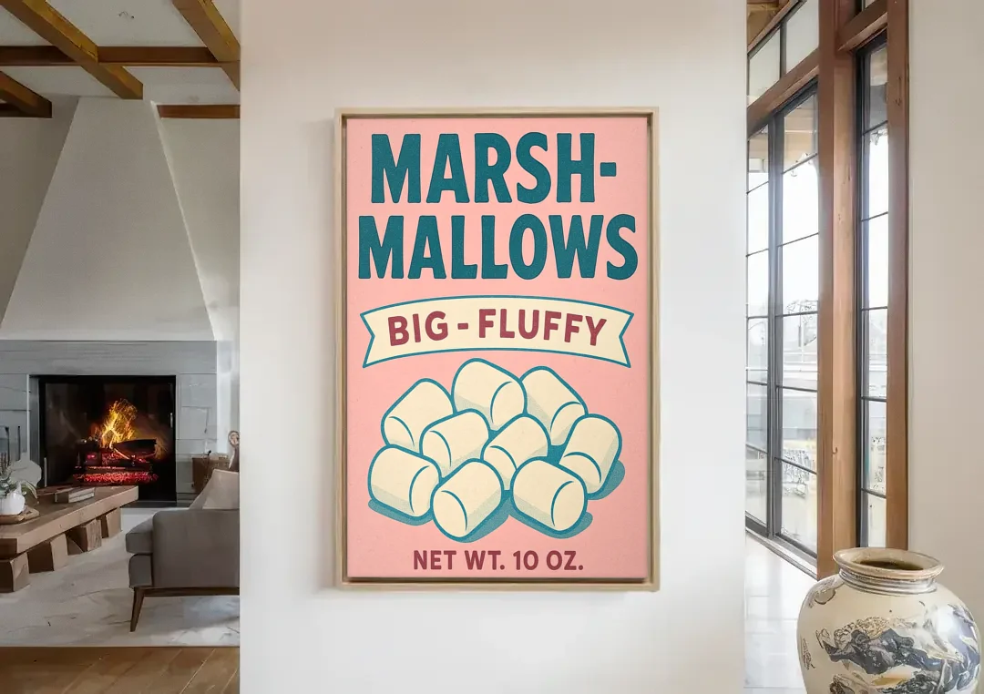 Vintage Big Fluffy Marshmallow canvas wall art in a living room with a fireplace