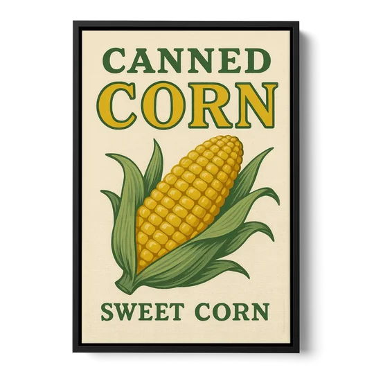 Vintage Canned Corn - Black Framed Canvas Wall Art - Front