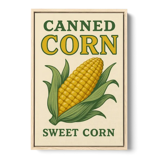 Vintage Canned Corn - Oak Framed Canvas Wall Art - Front