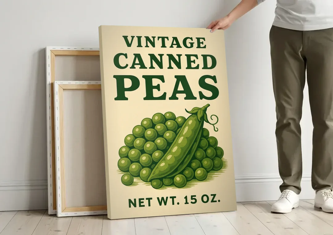 Vintage Canned Peas canvas wall art leaning against a wall next to blank canvases