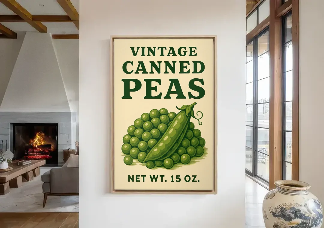 Vintage Canned Peas canvas wall art in a living room with a fireplace