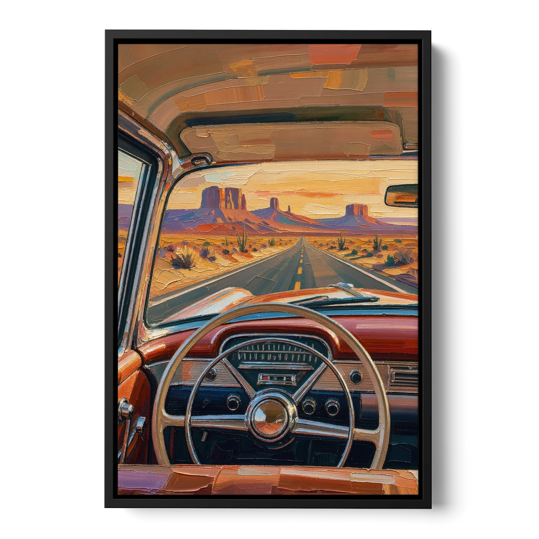 Vintage Car Painting of the Desert Highway - Black Framed Canvas Wall Art - Front