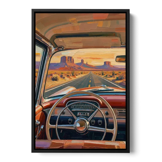 Vintage Car Painting of the Desert Highway - Black Framed Canvas Wall Art - Front