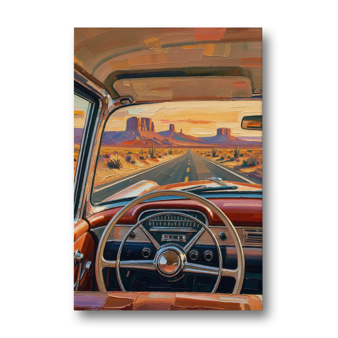 Vintage Car Painting of the Desert Highway - Canvas Wall Art - Front