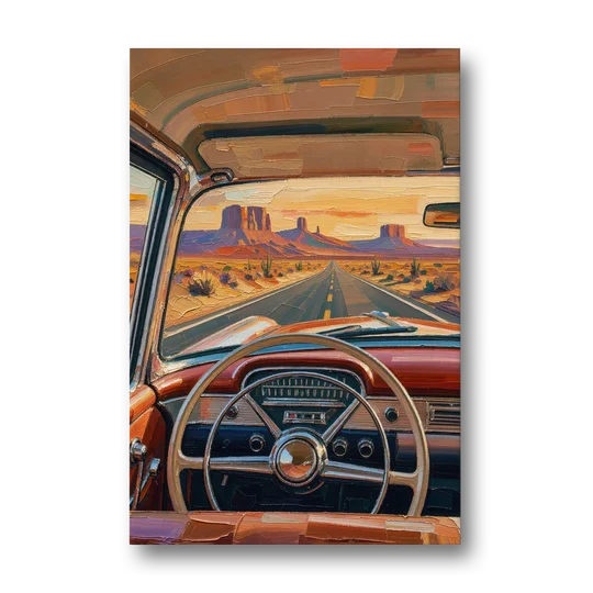 Vintage Car Painting of the Desert Highway - Canvas Wall Art - Front
