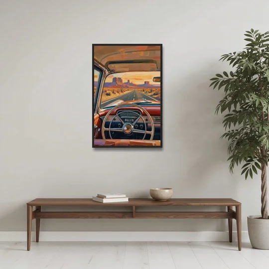 Vintage Car Painting of the Desert Highway - Black Framed Canvas Wall Art - Coffee Table - 24x36