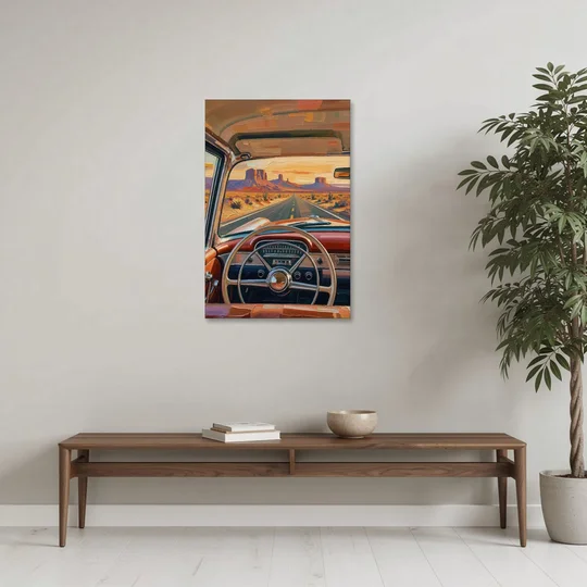 Vintage Car Painting of the Desert Highway - Canvas Wall Art - Coffee Table - 24x36