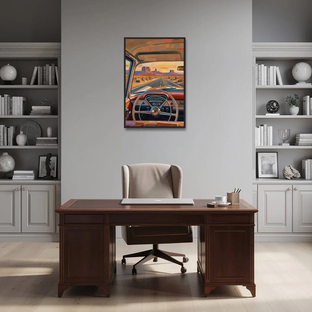 Vintage Car Painting of the Desert Highway - Black Framed Canvas Wall Art - Office - 24x36